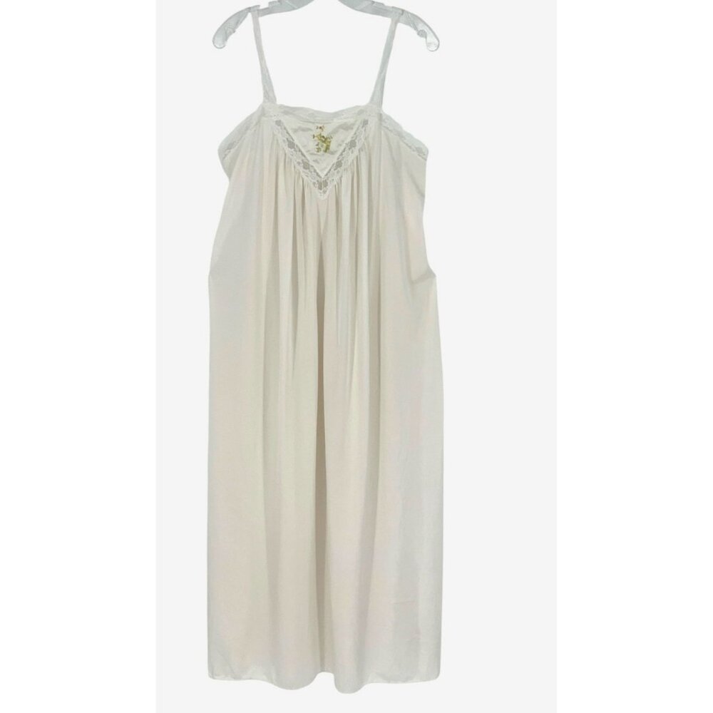 Vtg  Llise Stevens Long White Lace Trim Satin Nightgown Embroidered Flowers M-?